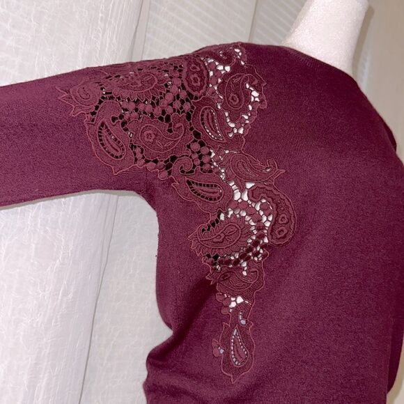 Ted Baker 3 M Tae Burgundy Scoop Neck Merino Wool Shoulder Lace Knit Sweater - Picture 10 of 15